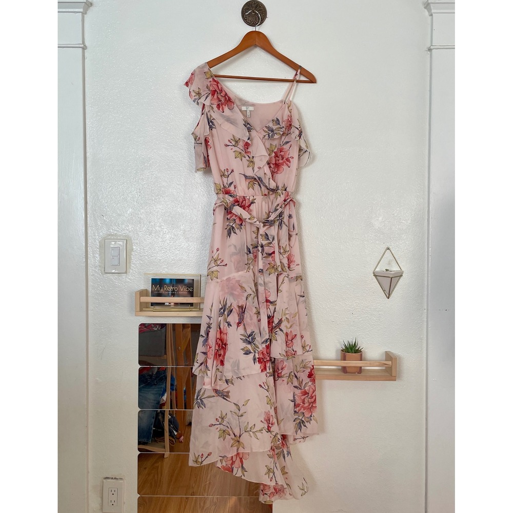 Joie Cristeta Floral Silk Midi Dress Pink Cold Shoulder Ruffle Tiered Size M